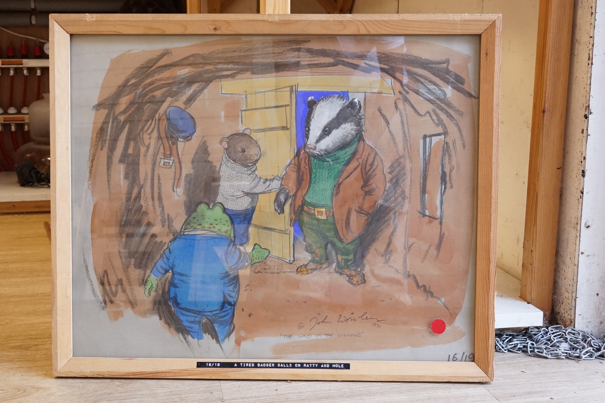 John Worsley (1919-2000), ‘Badger calls on Ratty and Toad’, signed and dated 1970, original illustration for Wind in the Willows, 50 x 63cm